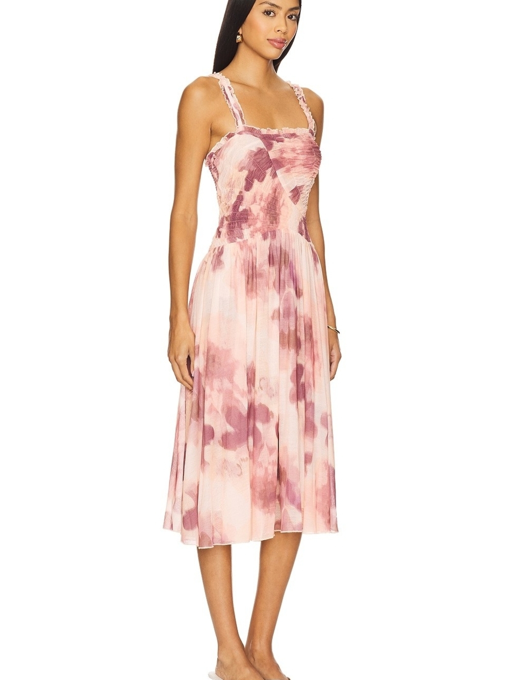 Free People Floral Pink Midi Sundress with Smocked Bodice